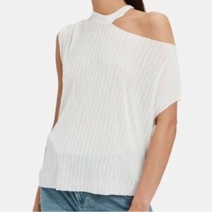 RtA white mesh asymmetric neckline top